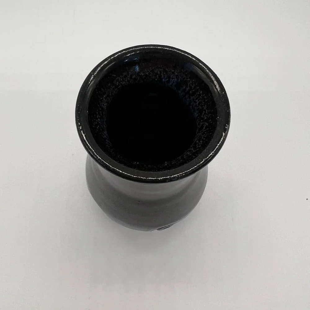Black Pottery Bud Vase‎ with Swirls Slight Ombre Neck Artist Signed Minimalist
